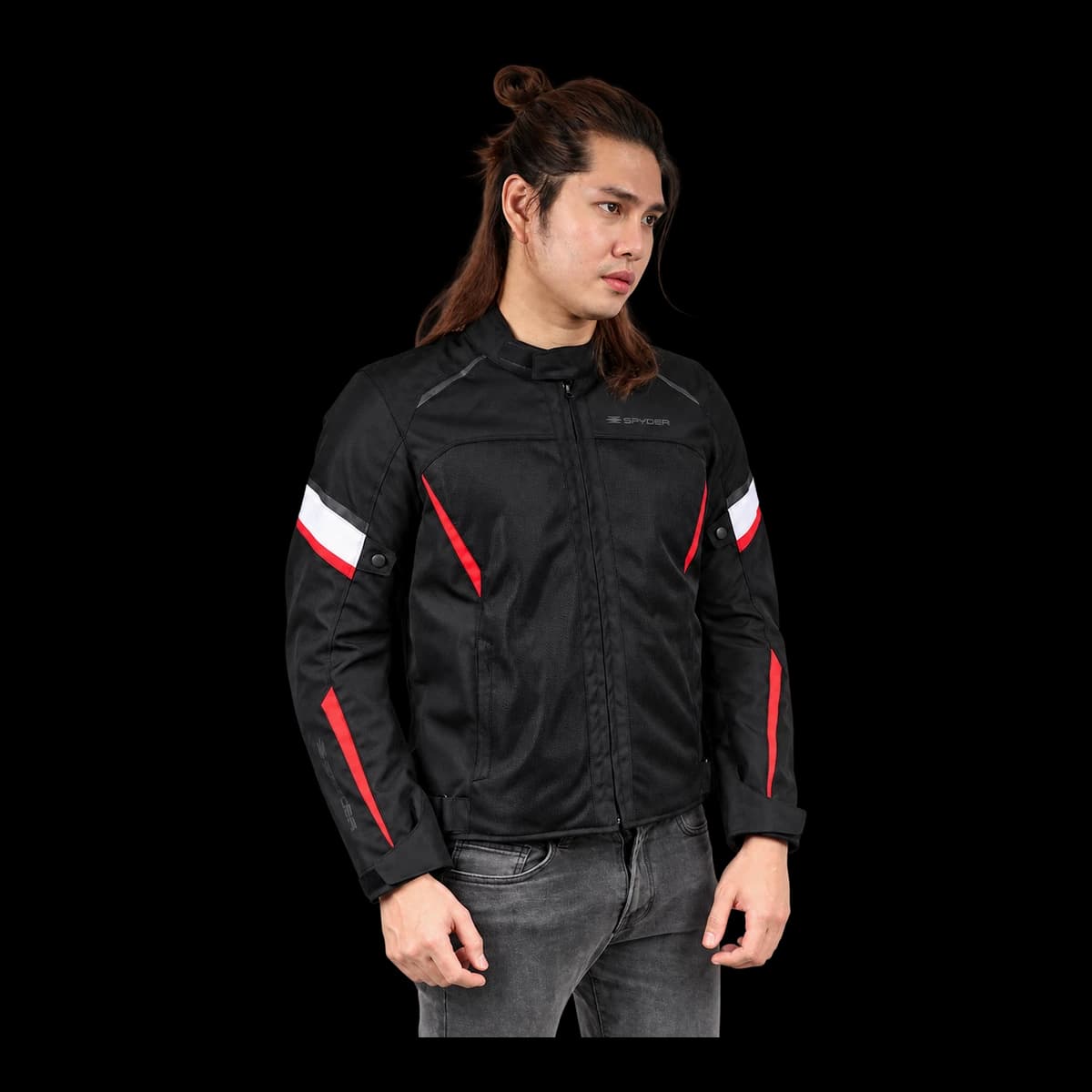 Model wearing the Spyder Phantom black riding jacket with red and white details