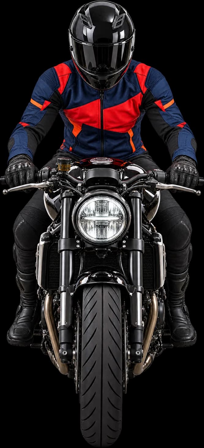 Complete front view of a motorcyclist in navy and red gear, with both boots and the motorcycle's front wheel visible
